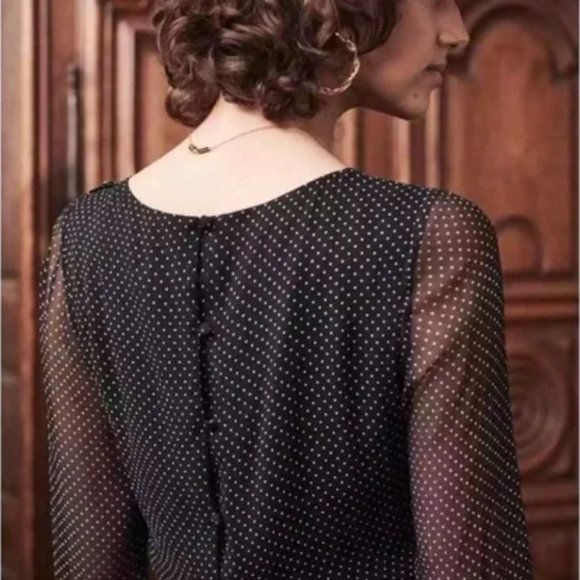 SEZANE Doria 100% Silk Chiffon Mini Dress, Black and Ecru Polka Dots, FR Size 40 - Picture 3 of 10